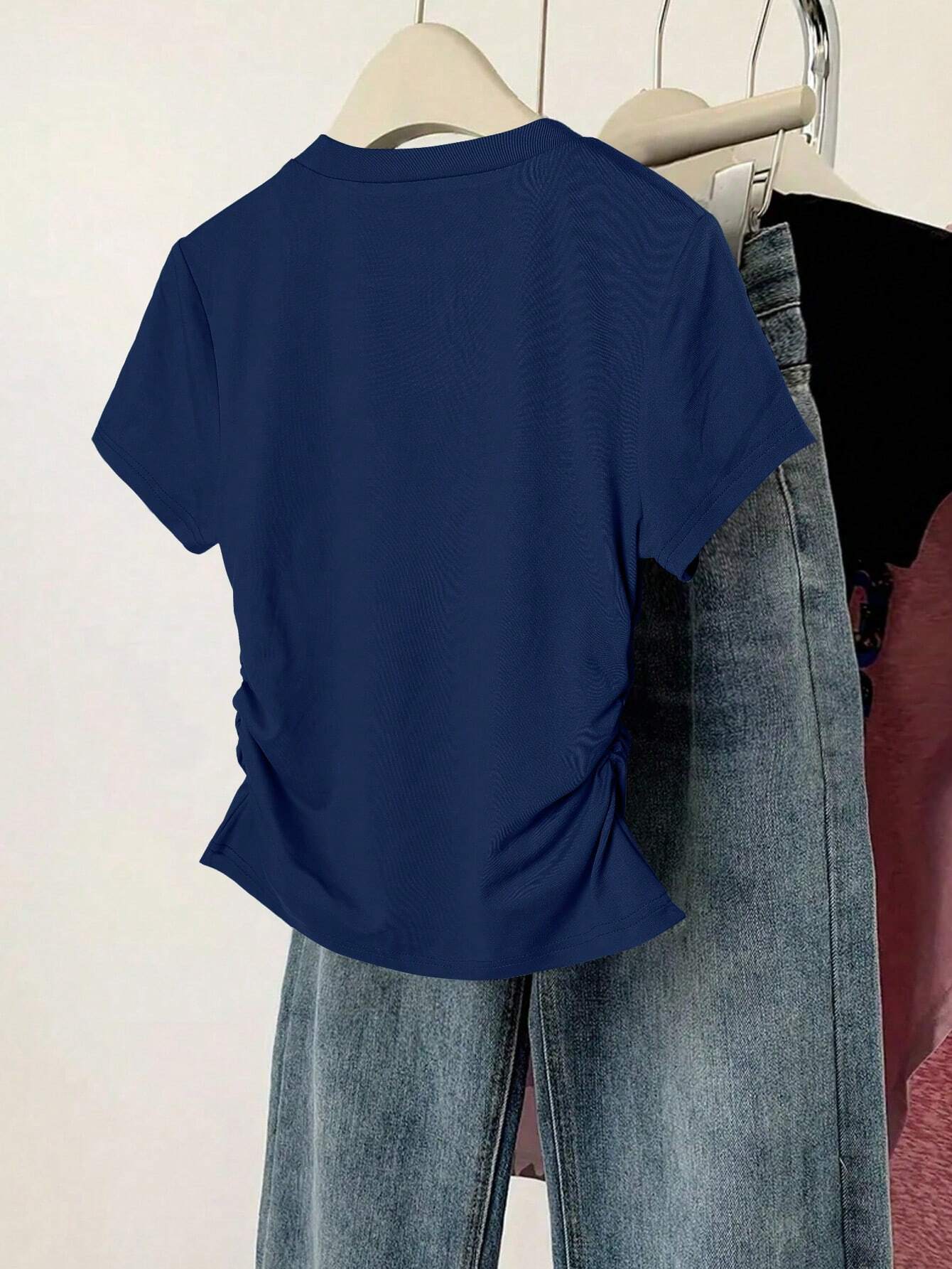 INAWLY Women Solid Color Short Sleeve T-Shirt shein