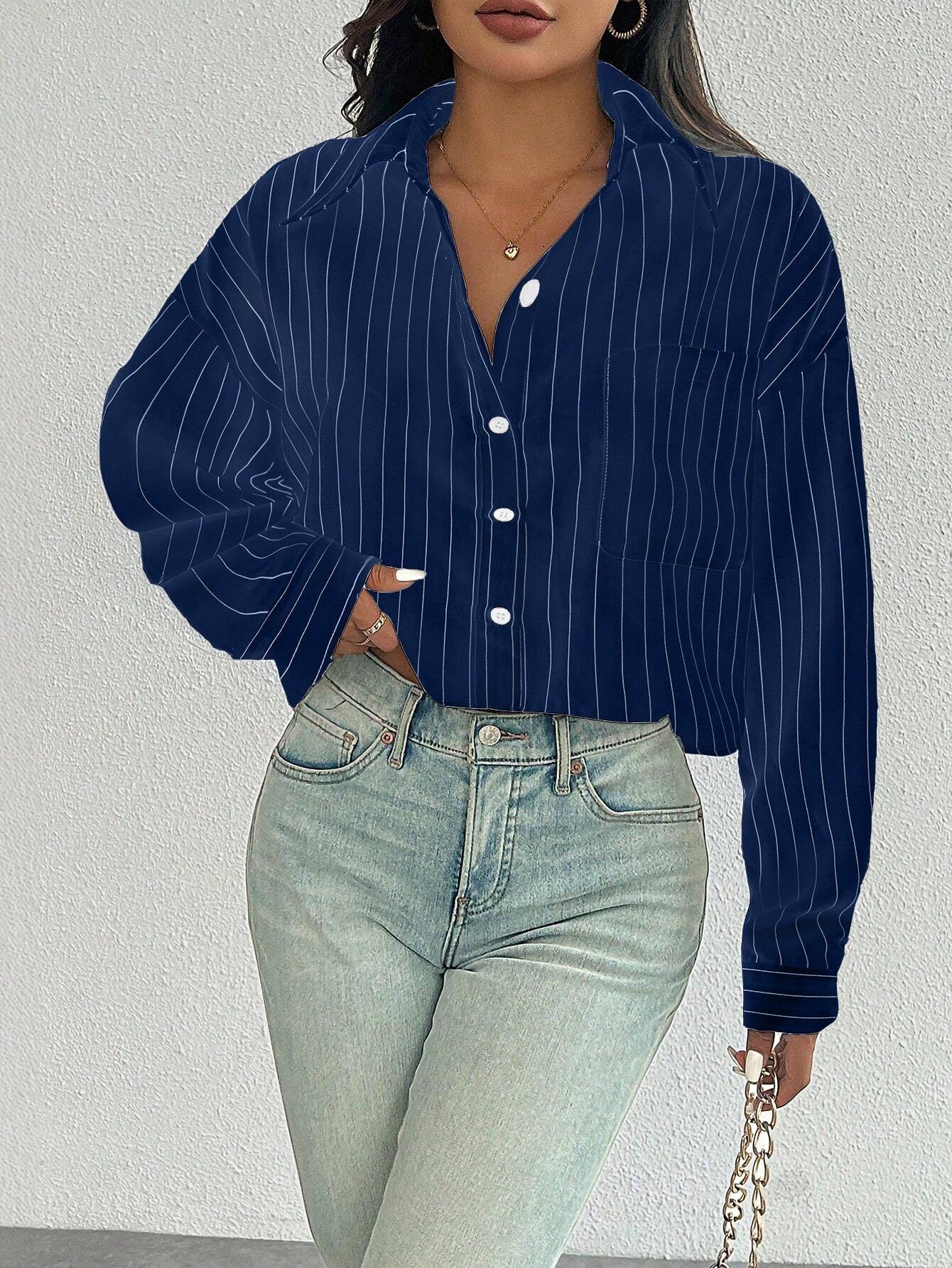 ChicEase Women Plain Button Front Long Sleeve Pocket Casual Shirt shein