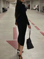 Slayr Women's Solid Color Stand Collar Pleated Elegant Long Sleeve Dress shein