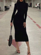 Slayr Women's Solid Color Stand Collar Pleated Elegant Long Sleeve Dress shein