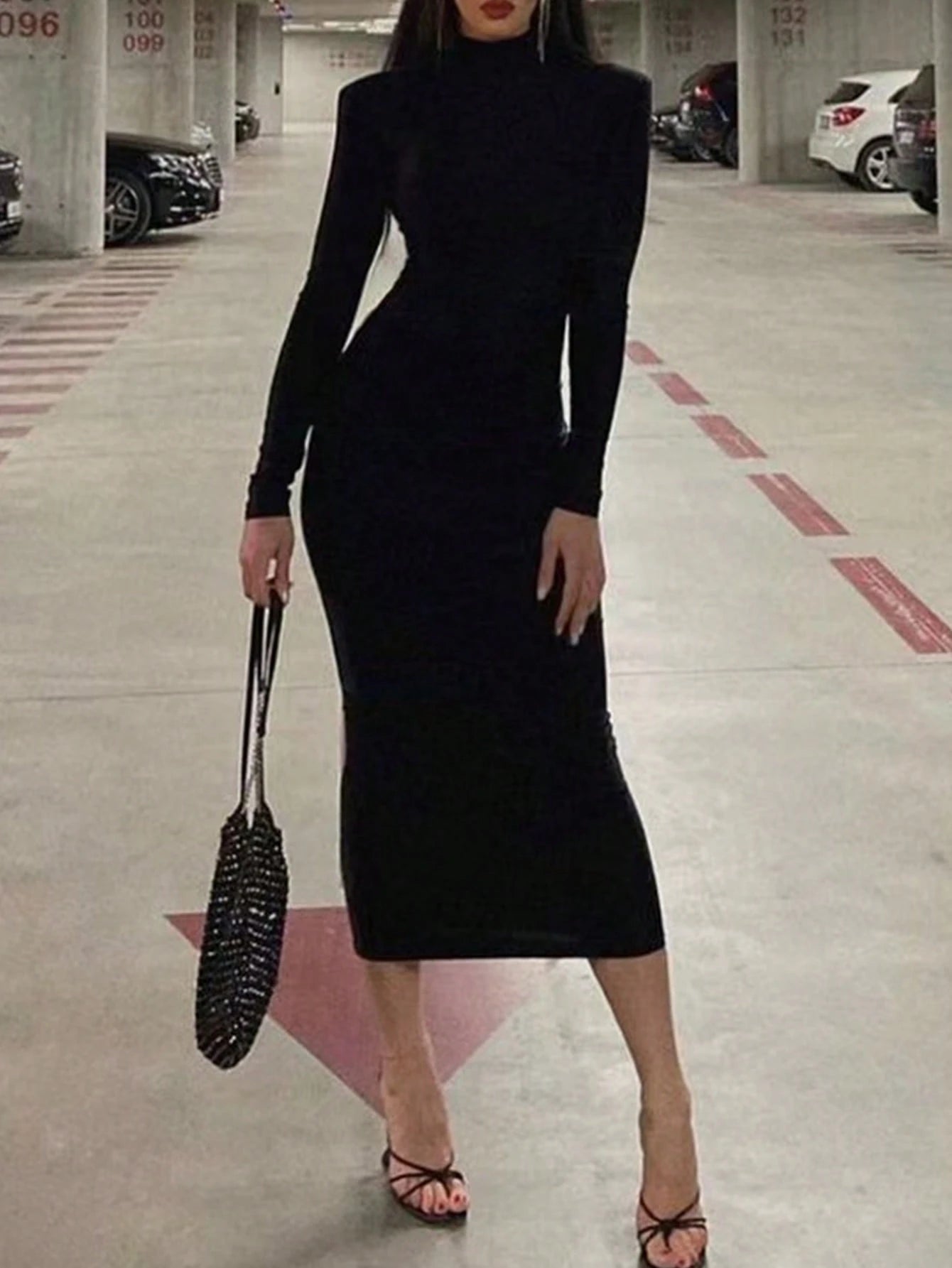 Slayr Women's Solid Color Stand Collar Pleated Elegant Long Sleeve Dress shein
