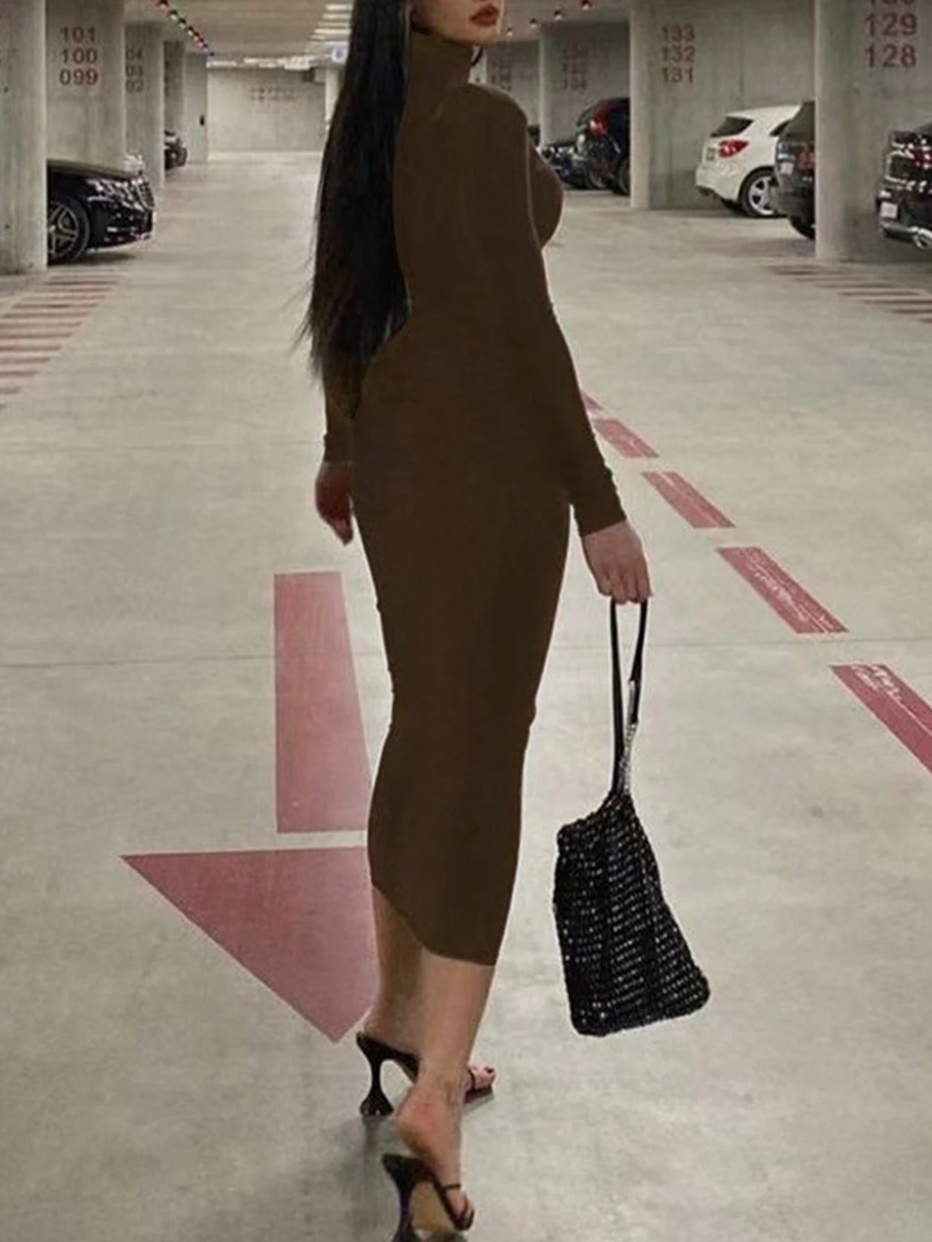 Slayr Women's Solid Color Stand Collar Pleated Elegant Long Sleeve Dress shein