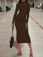 Slayr Women's Solid Color Stand Collar Pleated Elegant Long Sleeve Dress shein