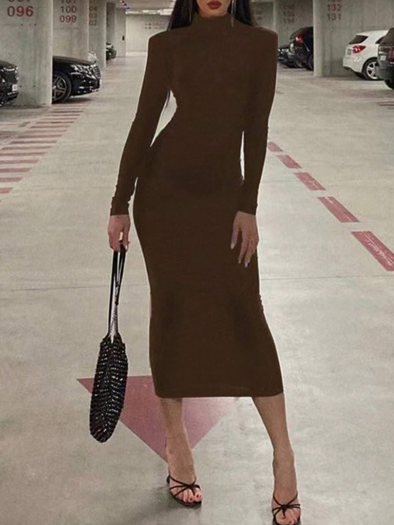Slayr Women's Solid Color Stand Collar Pleated Elegant Long Sleeve Dress shein