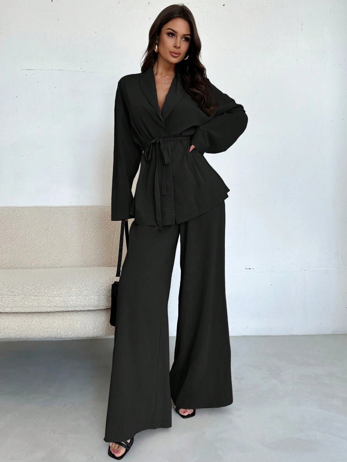Women Collar Tie Waist Loose Shacket With High Waist Soft Pants shein