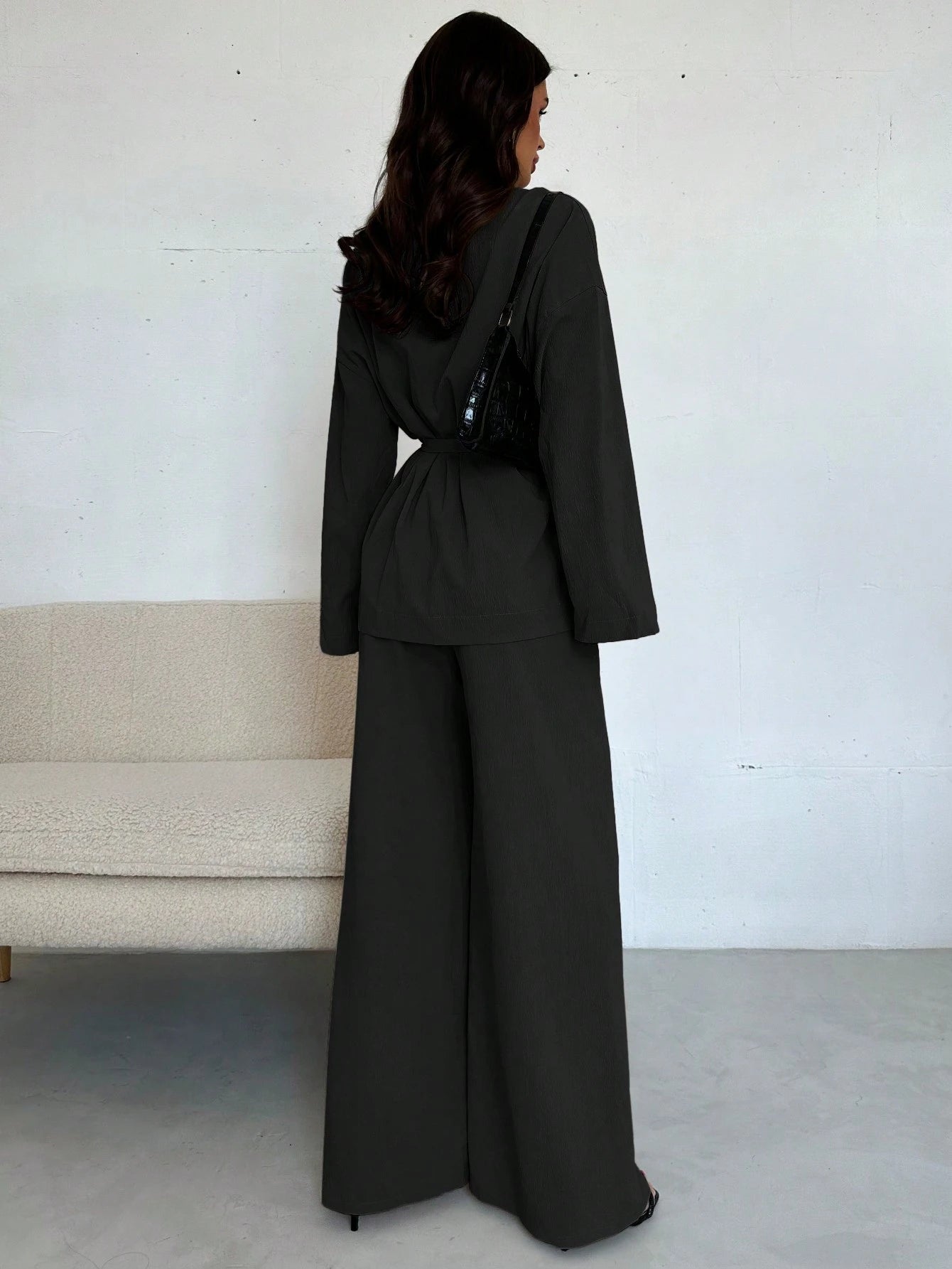 Women Collar Tie Waist Loose Shacket With High Waist Soft Pants shein