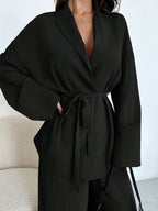 Women Collar Tie Waist Loose Shacket With High Waist Soft Pants shein
