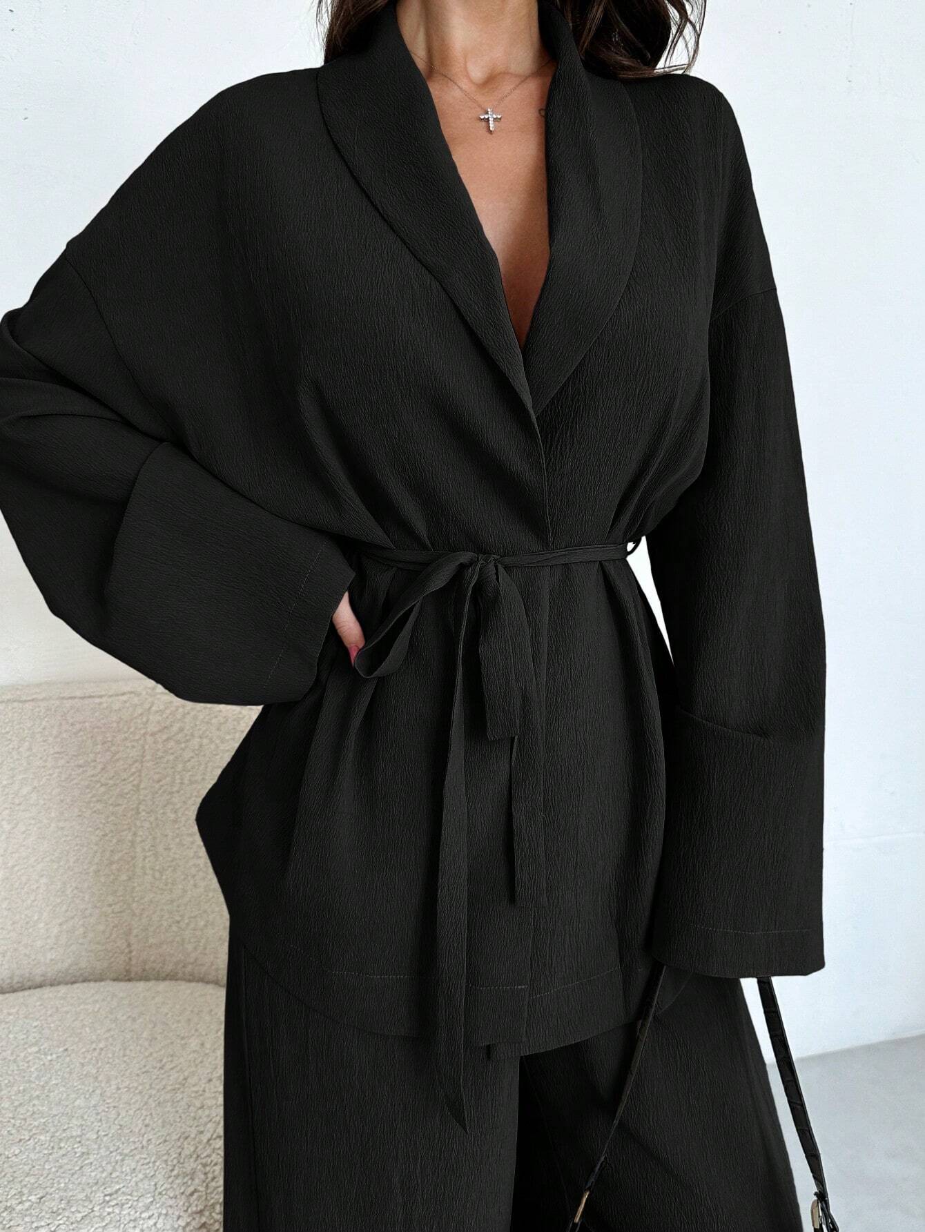 Women Collar Tie Waist Loose Shacket With High Waist Soft Pants shein