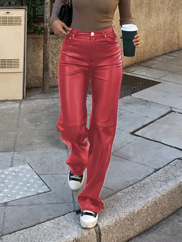 MYOURSA Solid High Waist Faux PU Leather Straight Leg Pants