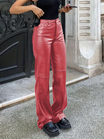 MYOURSA Solid High Waist Faux PU Leather Straight Leg Pants