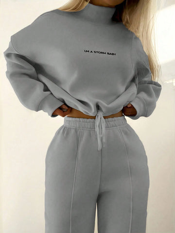 EZwear Slogan Print Drawstring Hem Sweatshirt And Sweatpants Two Piece Set
