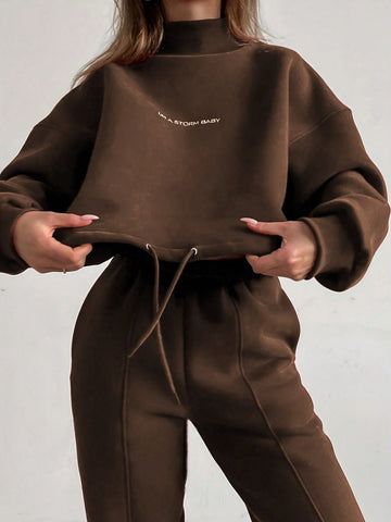 EZwear Slogan Print Drawstring Hem Sweatshirt And Sweatpants Two Piece Set