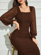 Modely Women's Solid Color Mesh Contrast Long Sleeve Casual Dress shein