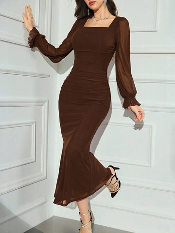 Modely Women's Solid Color Mesh Contrast Long Sleeve Casual Dress