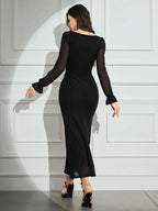 Modely Women's Solid Color Mesh Contrast Long Sleeve Casual Dress shein