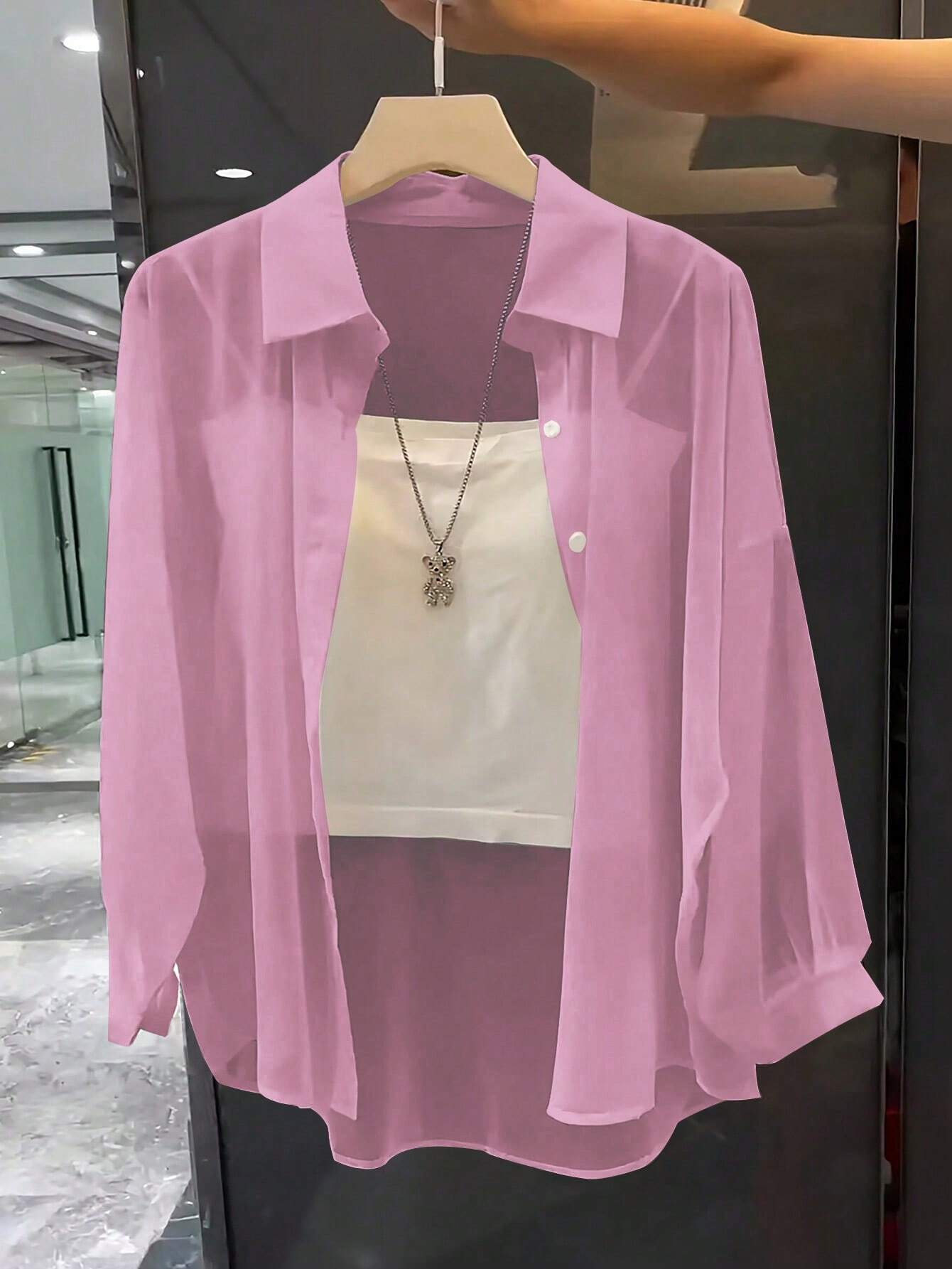 ChicEase Basic Transparent Plain Simple Collared Shirt shein