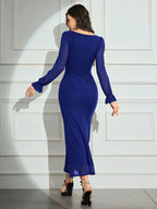 Modely Women's Solid Color Mesh Contrast Long Sleeve Casual Dress shein