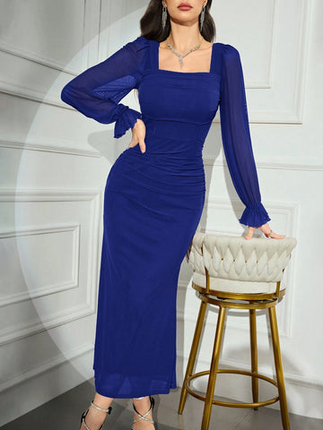 Modely Women's Solid Color Mesh Contrast Long Sleeve Casual Dress