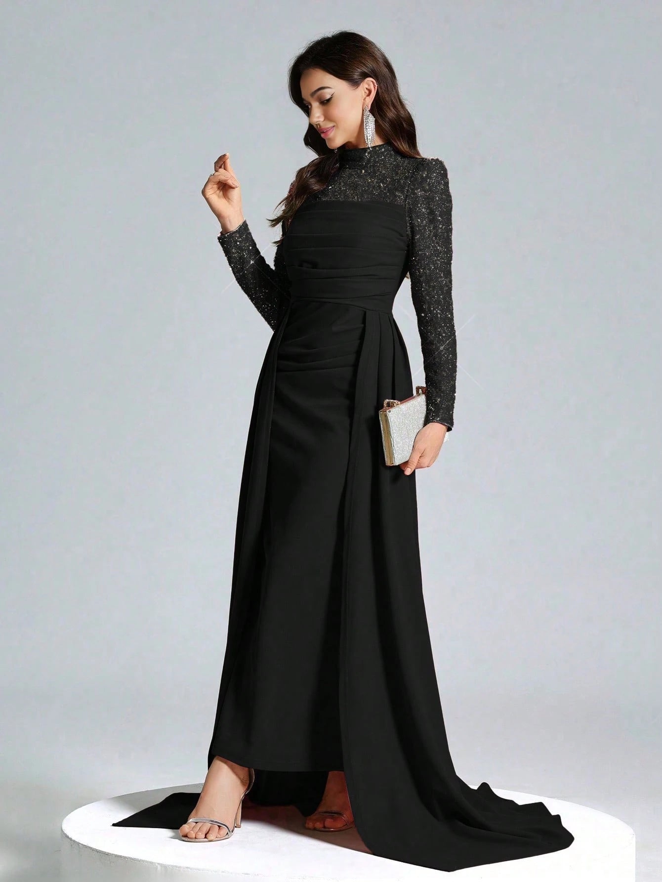 Long Sleeve Sequin Patchwork Slim High-End Party Dress