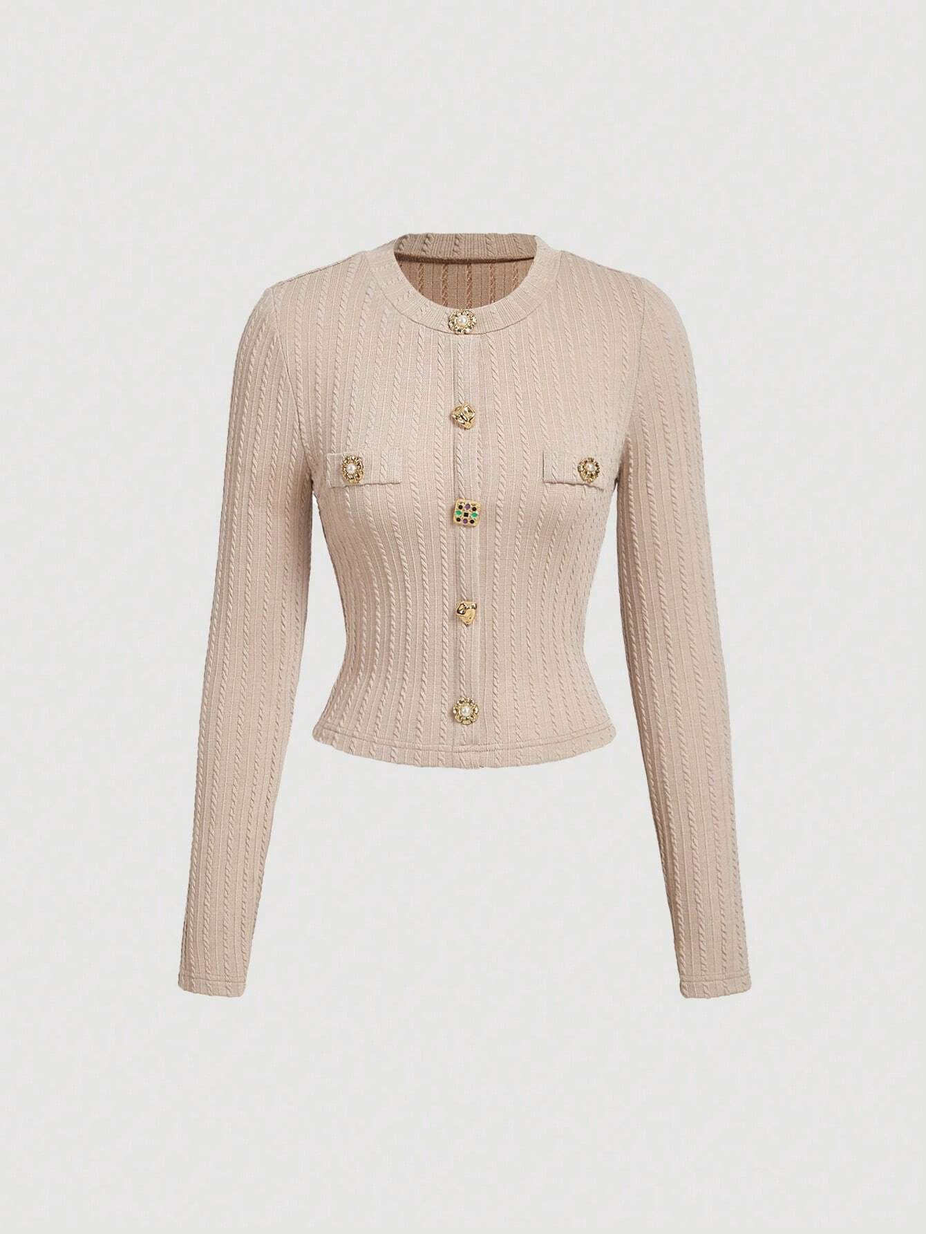 MOD Black Elegant Round Neck Metal Button Bell Sleeve T-Shirt shein