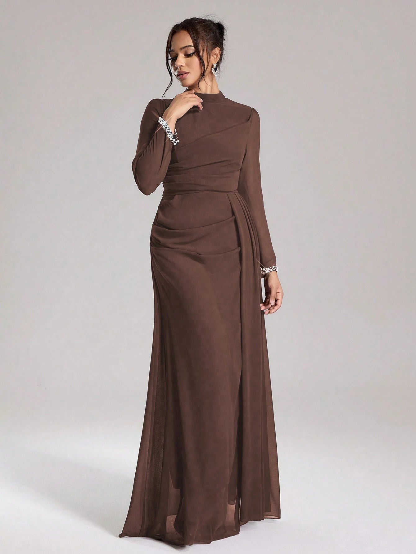 Coutiva Sequin Pearl Cuff Elegant Formal Long Sleeve Dress shein