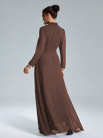 Coutiva Sequin Pearl Cuff Elegant Formal Long Sleeve Dress