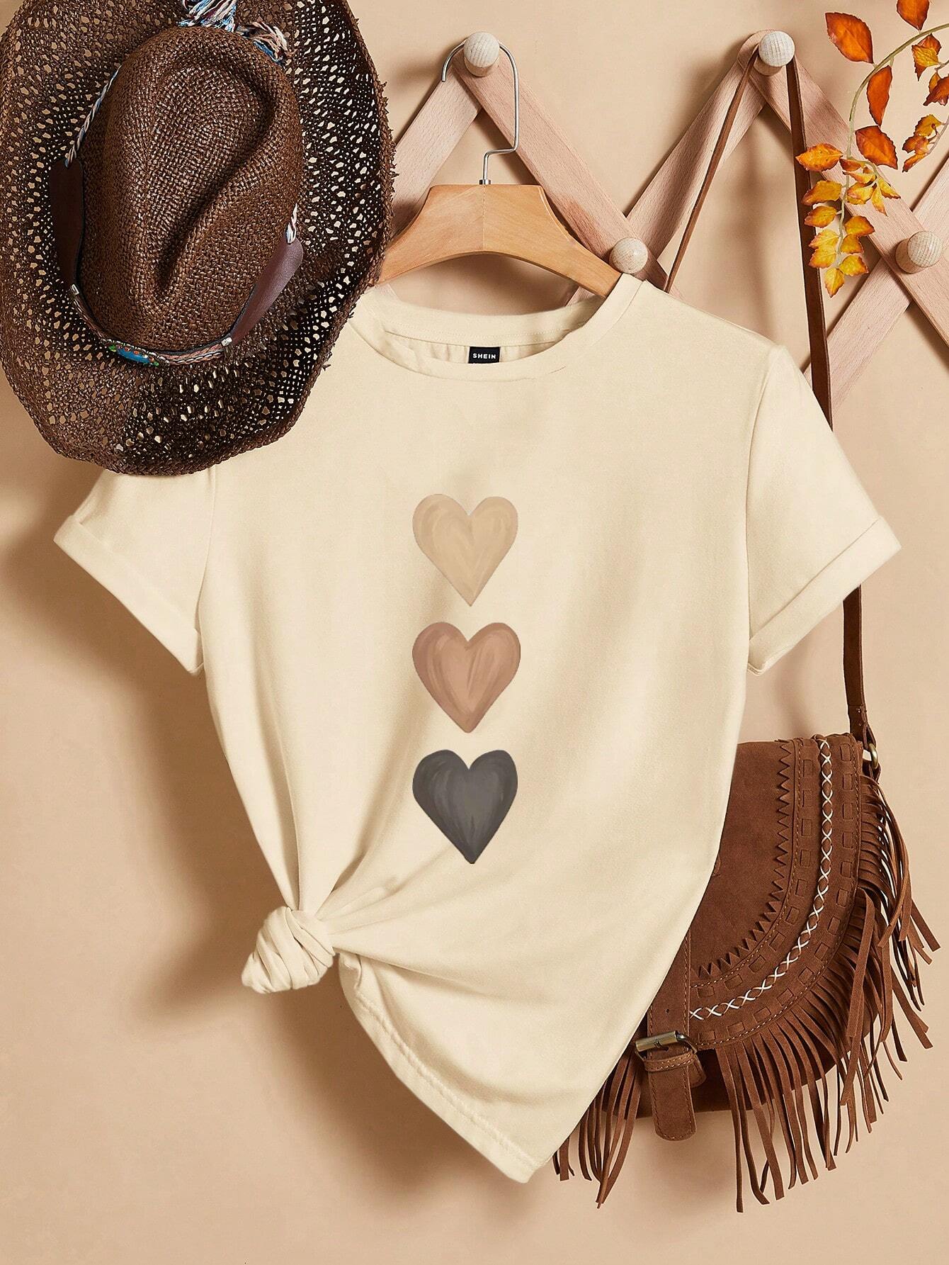 EMERY ROSE Casual Heart-Shaped Patterned Round Neck Women's Short Sleeve T-Shirt shein