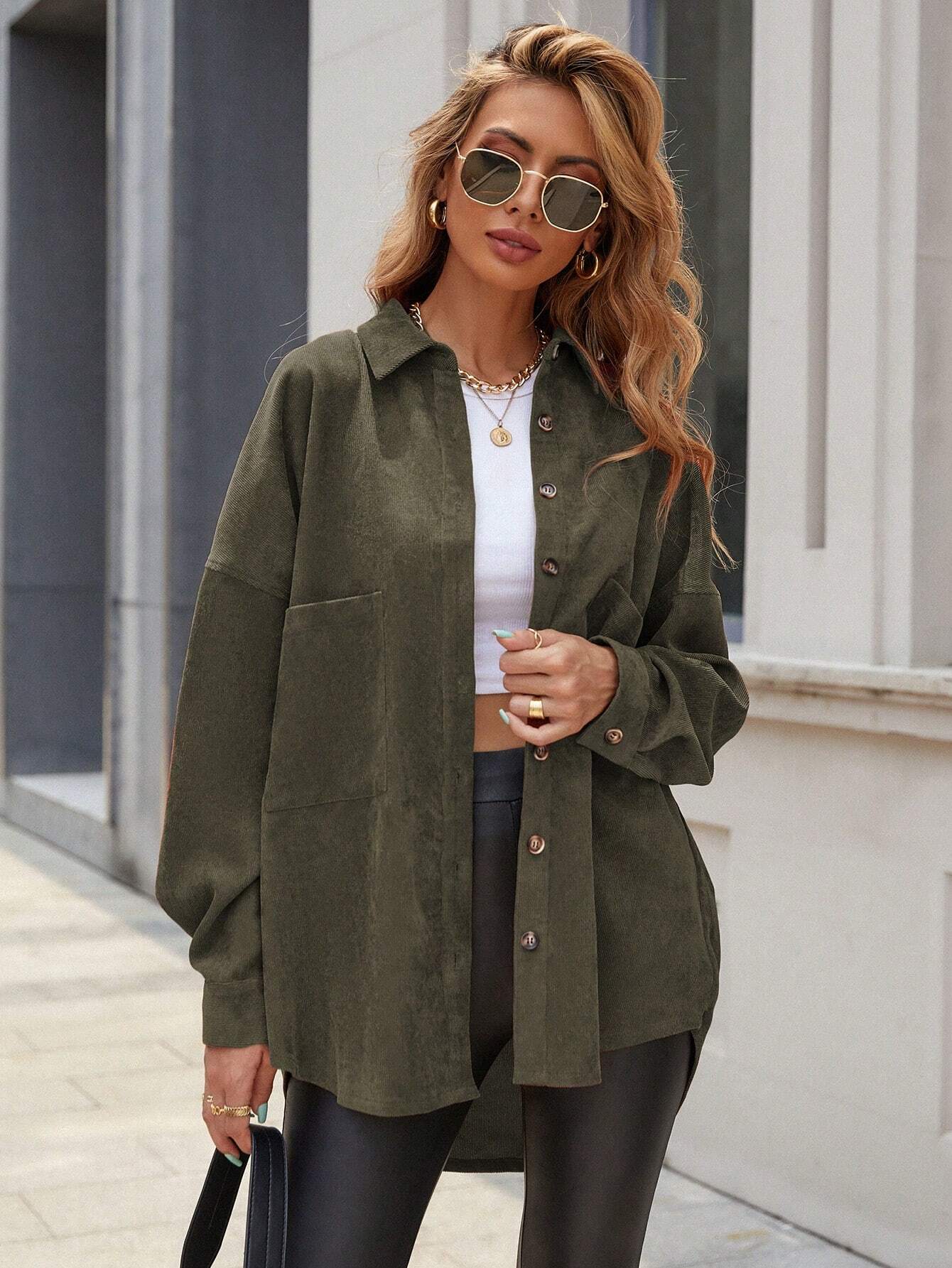 Essnce Women's Plain Color Commuter Casual Front Button Shirt Collar Pocket Detail Faux Leather Coat