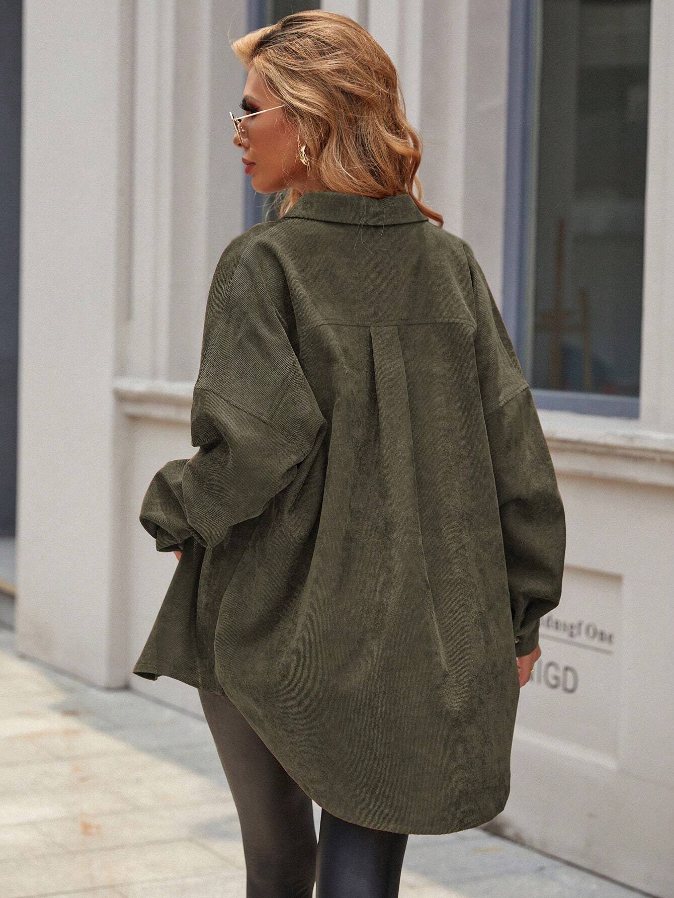 Essnce Women's Plain Color Commuter Casual Front Button Shirt Collar Pocket Detail Faux Leather Coat