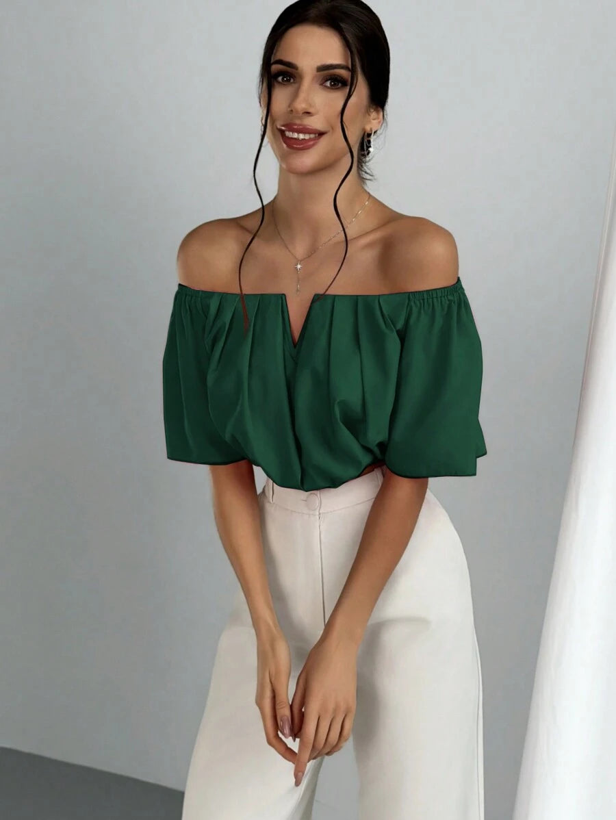 Women's Summer Solid Color Off Shoulder V Neck And Elastic Waist Blouse shein