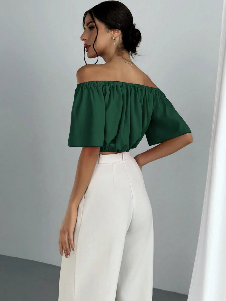 Women's Summer Solid Color Off Shoulder V Neck And Elastic Waist Blouse shein