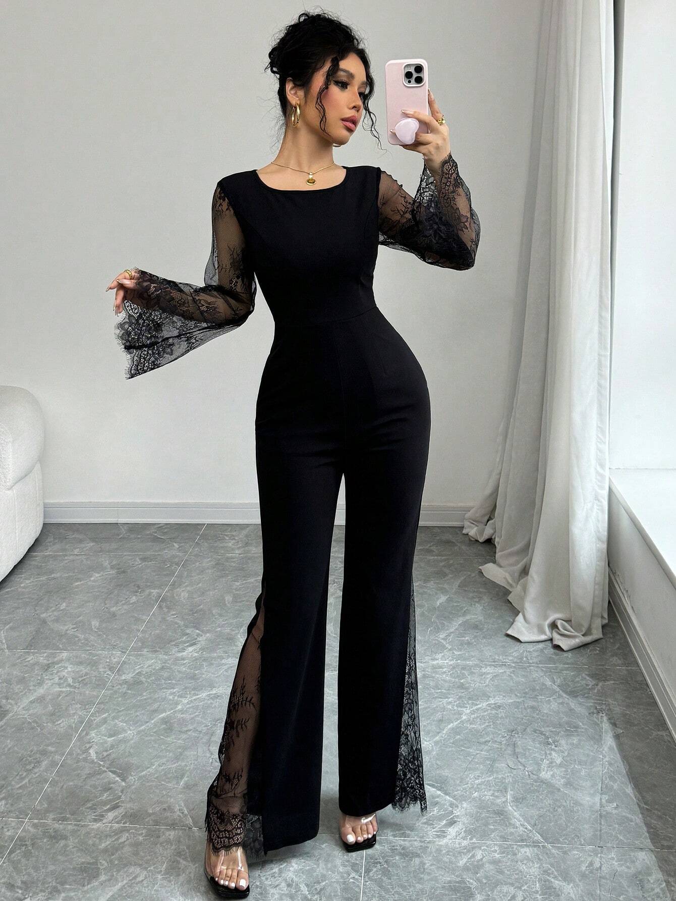 Raffinéa Lace Patchwork Crew Neck Long Sleeve Knitted Jumpsuit