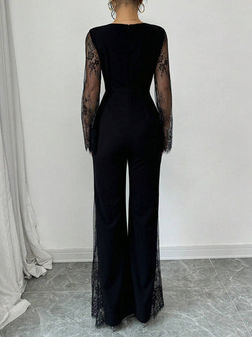 Raffinéa Lace Patchwork Crew Neck Long Sleeve Knitted Jumpsuit