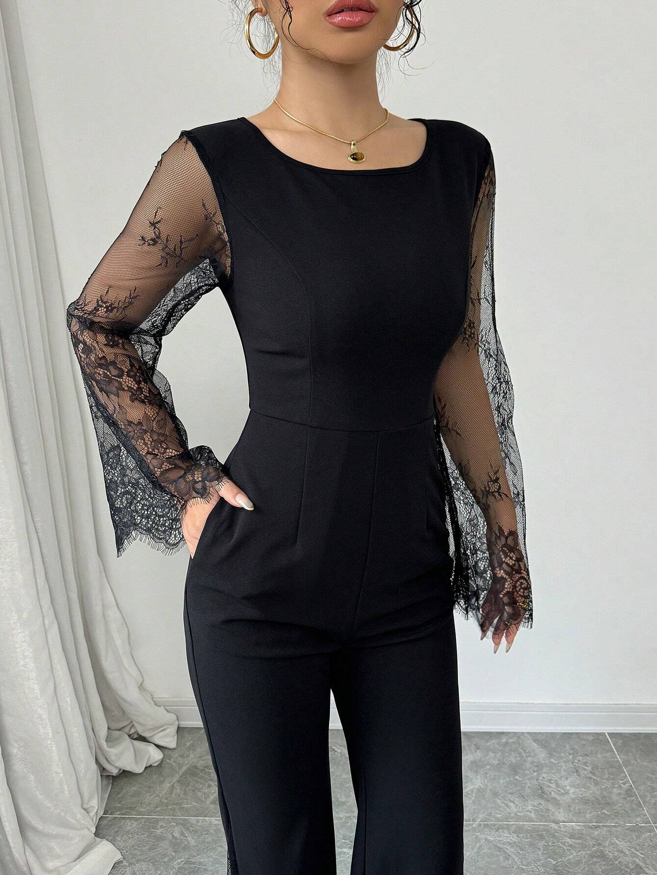 Raffinéa Lace Patchwork Crew Neck Long Sleeve Knitted Jumpsuit
