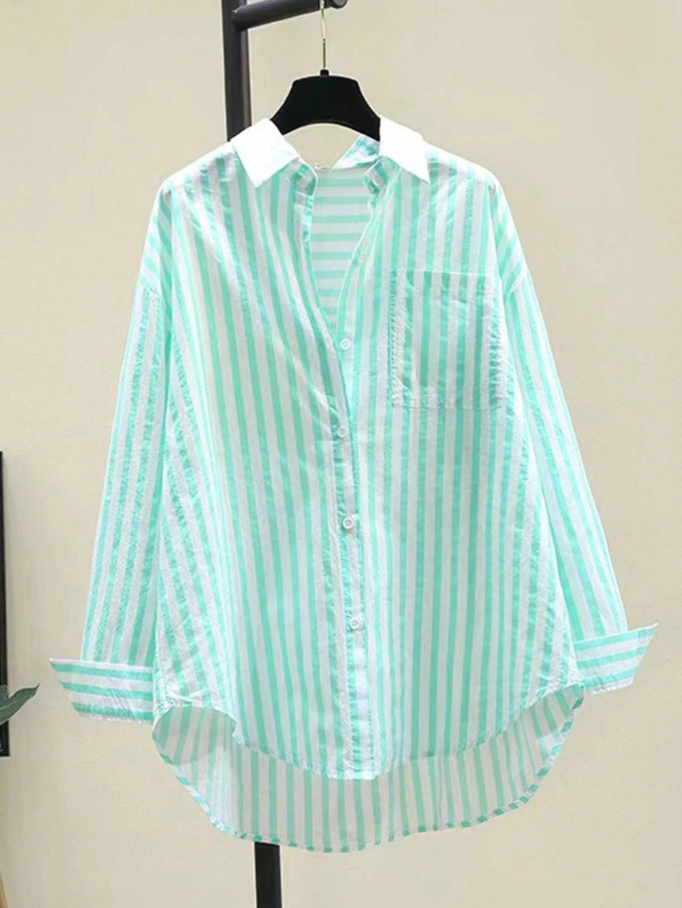 INAWLY Women's Casual Striped Print Long Sleeve Chest Pocket Shirt shein
