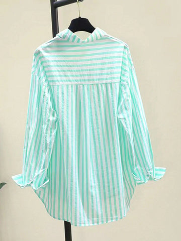 INAWLY Women's Casual Striped Print Long Sleeve Chest Pocket Shirt