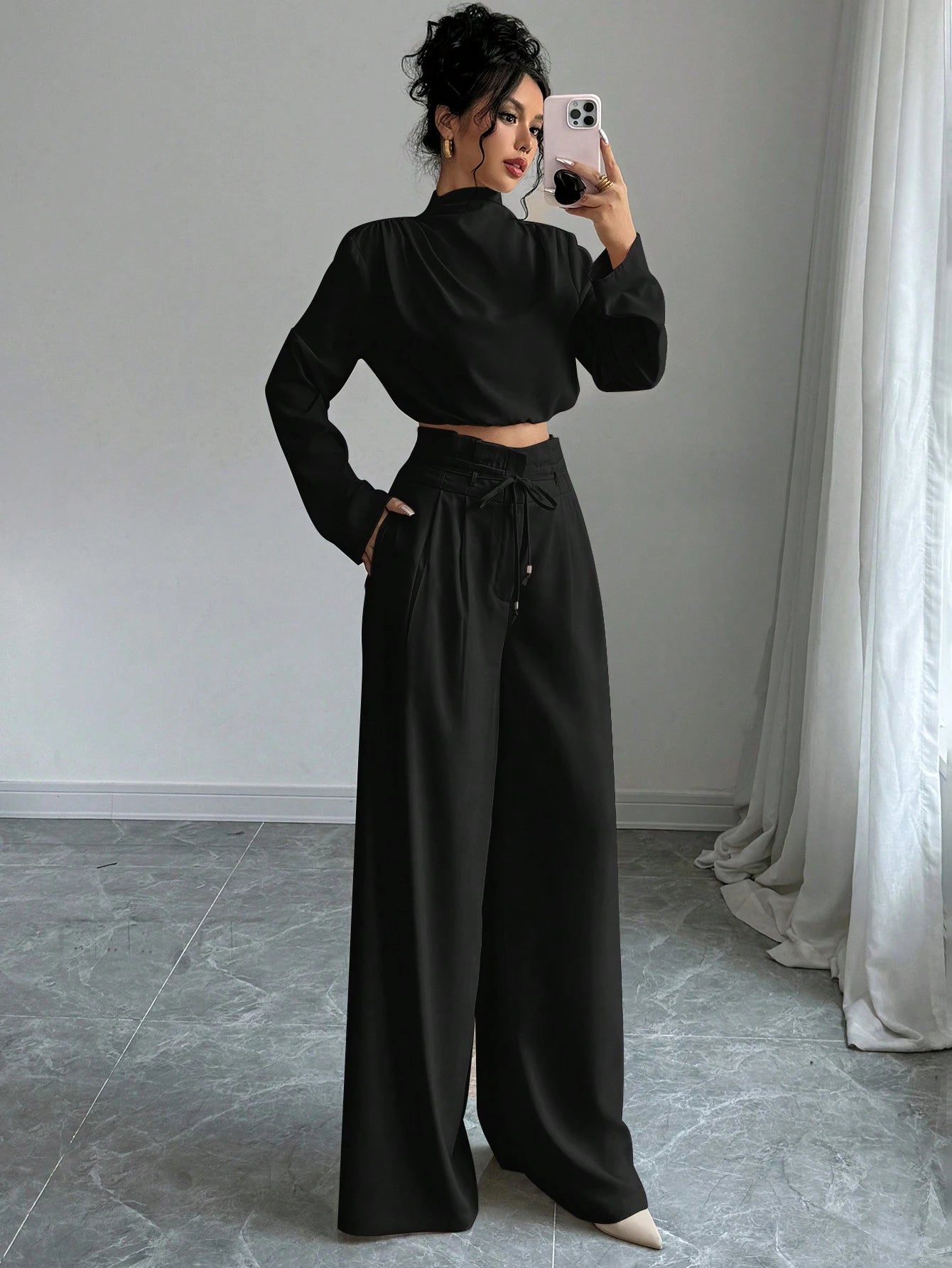 Firerie Women's Elegant Stacked Collar Shirt Top And Wide Leg Trousers shein