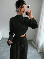 Firerie Women's Elegant Stacked Collar Shirt Top And Wide Leg Trousers shein