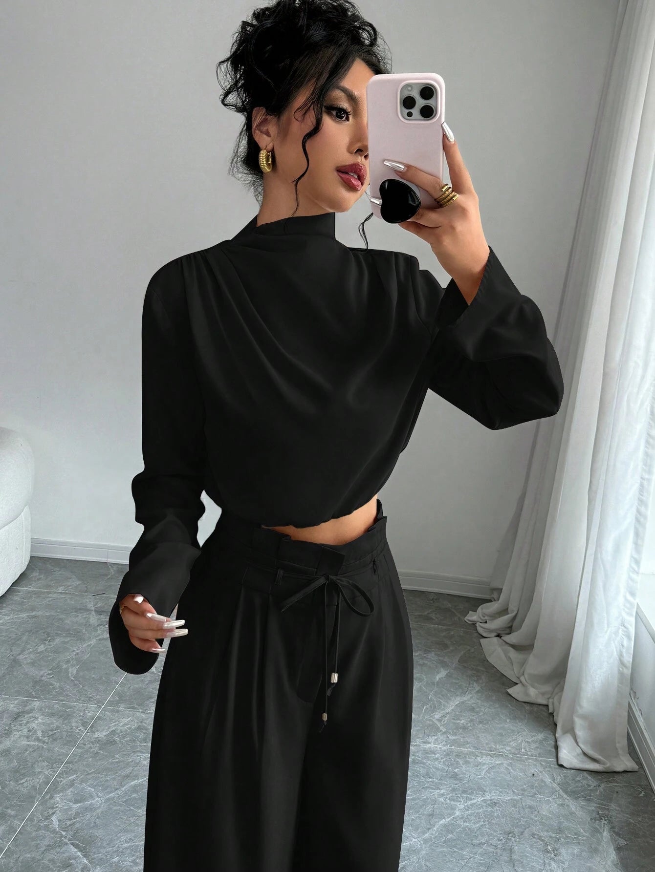 Firerie Women's Elegant Stacked Collar Shirt Top And Wide Leg Trousers shein