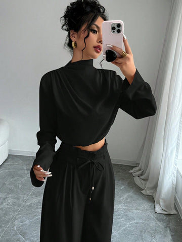 Firerie Women's Elegant Stacked Collar Shirt Top And Wide Leg Trousers