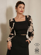 Rosie Delicate Romantic French Style Floral Embroidery Puff Sleeve Cropped Top shein