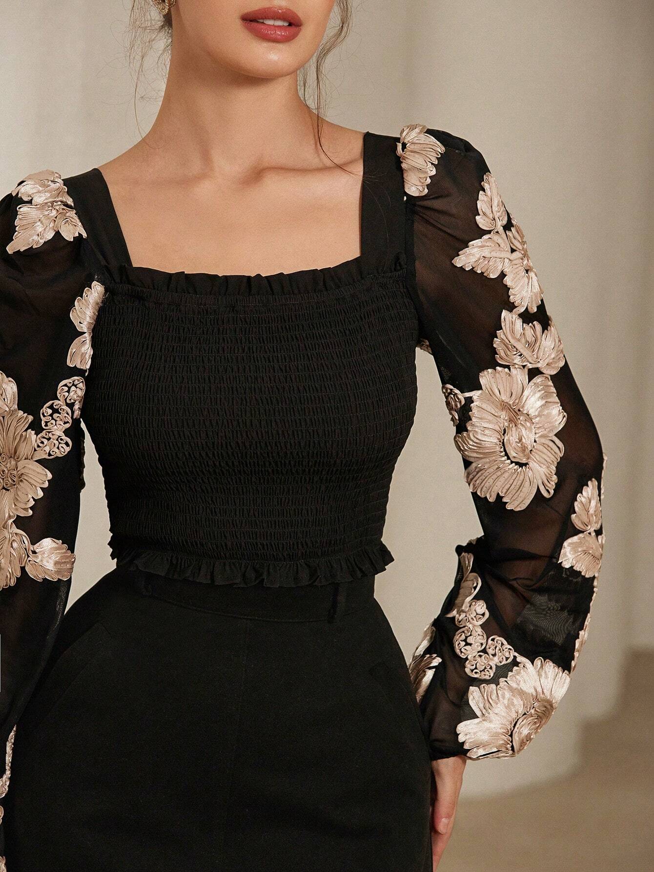 Rosie Delicate Romantic French Style Floral Embroidery Puff Sleeve Cropped Top shein