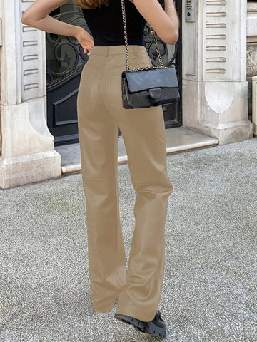 MYOURSA Solid High Waist Faux PU Leather Straight Leg Pants