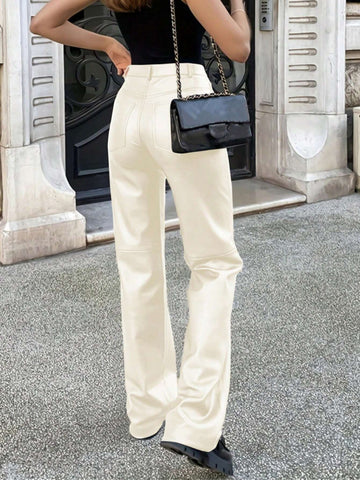 MYOURSA Solid High Waist Faux PU Leather Straight Leg Pants