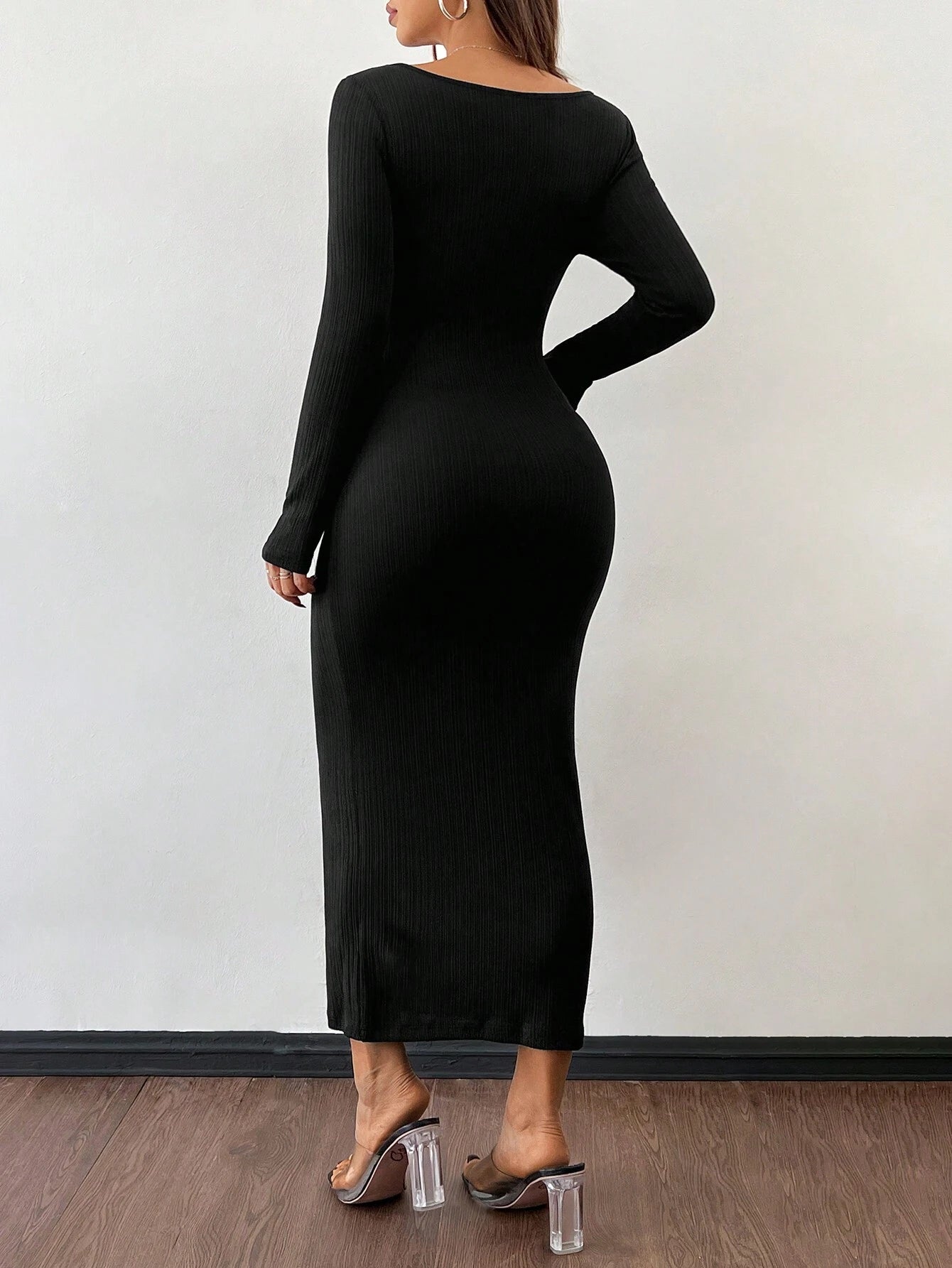 PETITE Autumn Wear Solid Color Square Neck Tight Black Long-Sleeved Dress shein