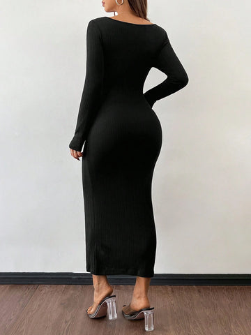 PETITE Autumn Wear Solid Color Square Neck Tight Black Long-Sleeved Dress