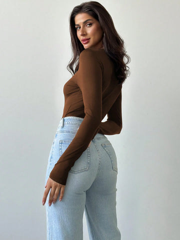 Sophisticated Fashion Hollow Rose Metal Ornament Black Tight Long Sleeve T-Shirt