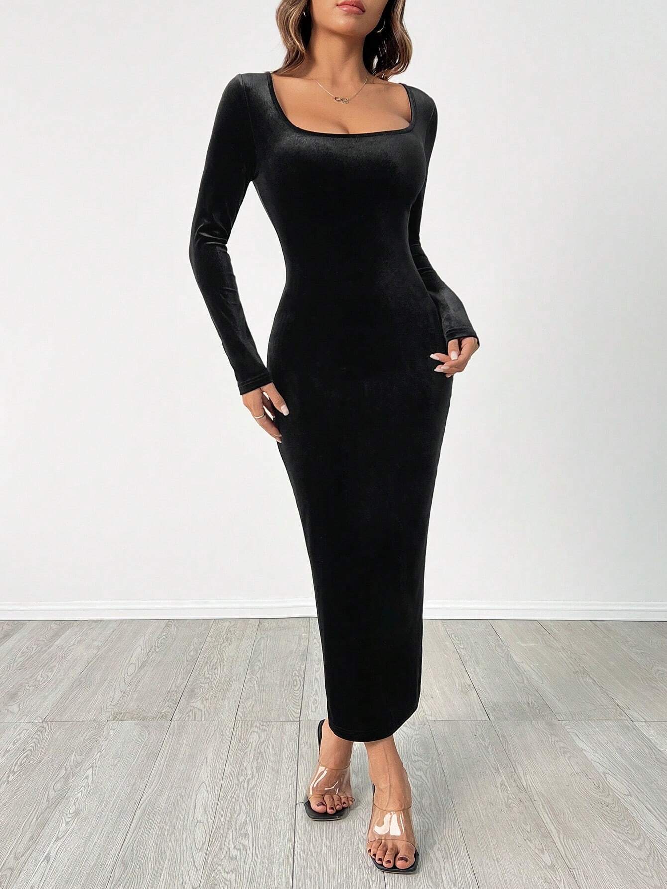 PETITE Autumn Wear Solid Color Square Neck Tight Black Long-Sleeved Dress shein