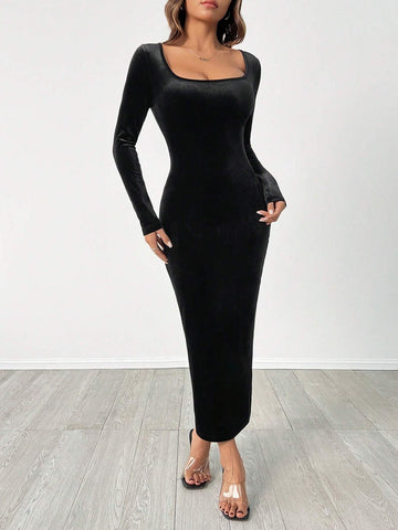 PETITE Autumn Wear Solid Color Square Neck Tight Black Long-Sleeved Dress