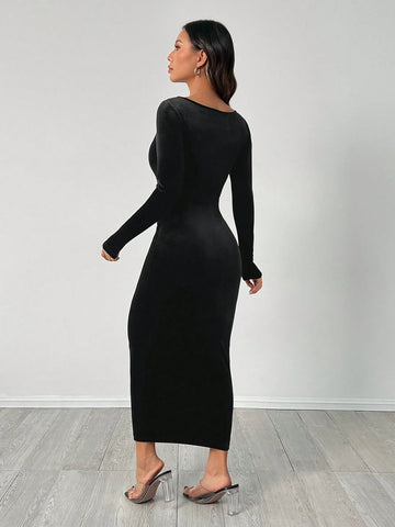 PETITE Autumn Wear Solid Color Square Neck Tight Black Long-Sleeved Dress